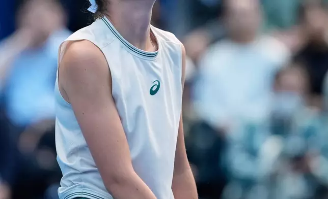 Mia Pohankova of Slovakia reacts as she plays against Diana Shnaider of Russia during their singles semifinal match at the Pan Pacific Open tennis tournament in Tokyo, Saturday, Oct. 31, 2026. (AP Photo/Eugene Hoshiko)