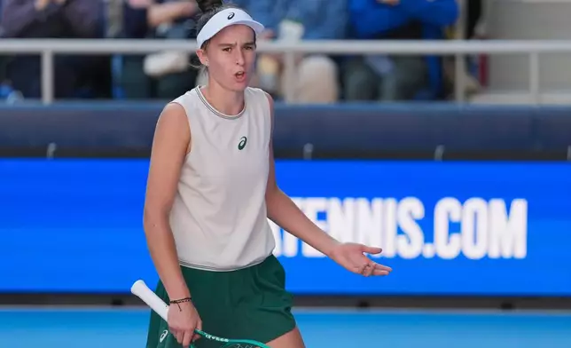 Mia Pohankova of Slovakia reacts as she plays against Diana Shnaider of Russia during their singles semifinal match at the Pan Pacific Open tennis tournament in Tokyo, Saturday, Oct. 31, 2026. (AP Photo/Eugene Hoshiko)