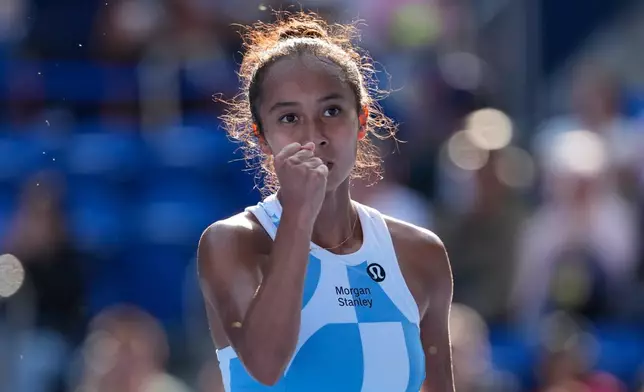 Leylah Fernandez of Canada reacts as she plays against Kamilla Rakhimova of Uzbekistan during their singles semifinal match at the Pan Pacific Open tennis tournament, Saturday, Oct. 31, 2026, in Tokyo. (AP Photo/Eugene Hoshiko)