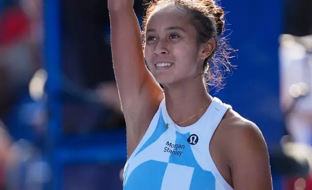 Leylah Fernandez of Canada gestures as she plays against Kamilla Rakhimova of Uzbekistan during their singles semifinal match at the Pan Pacific Open tennis tournament, Saturday, Oct. 31, 2026, in Tokyo. (AP Photo/Eugene Hoshiko)
