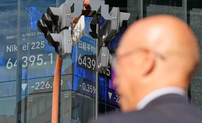 A person walks in front of an electronic stock board showing Japan's Nikkei index at a securities firm Thursday, Oct. 22, 2026, in Tokyo. (AP Photo/Eugene Hoshiko)