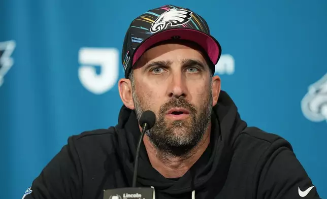Philadelphia Eagles head coach Nick Sirianni speaks during a news conference after an NFL football game against the Carolina Panthers in Philadelphia, Sunday, Oct. 18, 2026. (AP Photo/Matt Rourke)