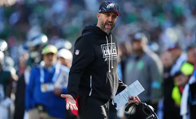 Philadelphia Eagles head coach Nick Sirianni reacts during the second half of an NFL football game against the Carolina Panthers in Philadelphia, Sunday, Oct. 18, 2026. (AP Photo/Matt Rourke)