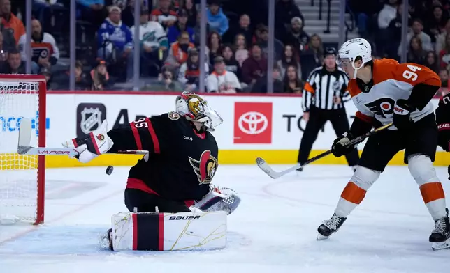 Philadelphia Flyers' Porter Martone, right, scores a goal against Ottawa Senators' Linus Ullmark during the second period of an NHL hockey game Saturday, Oct. 17, 2026, in Philadelphia. (AP Photo/Matt Slocum)