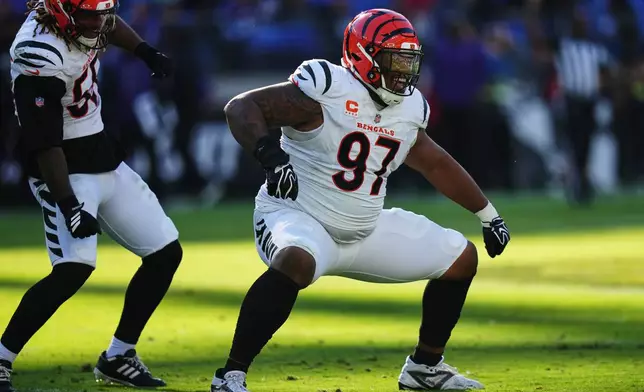 Cincinnati Bengals defensive tackle Dexter Lawrence II (97) celebrates during the second half of an NFL football game against the Baltimore Ravens in Baltimore, Sunday, Oct. 25, 2026. (AP Photo/Stephanie Scarbrough)
