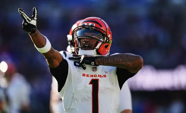 Cincinnati Bengals wide receiver Ja'marr Chase (1) celebrates during the second half of an NFL football game against the Baltimore Ravens in Baltimore, Sunday, Oct. 25, 2026. (AP Photo/Stephanie Scarbrough)