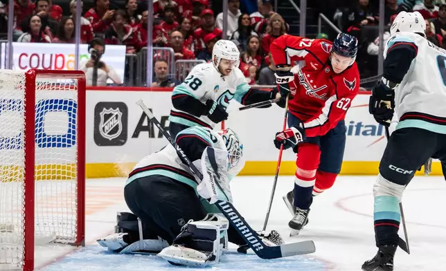 Washington Capitals left wing Ilya Protas (62) makes a shot on goal during the first period of an NHL hockey game against the Seattle Kraken, Sunday, Oct. 11, 2026, in Washington. (AP Photo/Nathan Howard)
