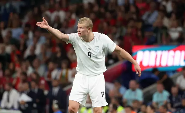 Norway's Erling Haaland gestures during the Nations League soccer match between Portugal and Norway in Porto, Portugal, Sunday, Oct. 4, 2026. (AP Photo/Luis Vieira)