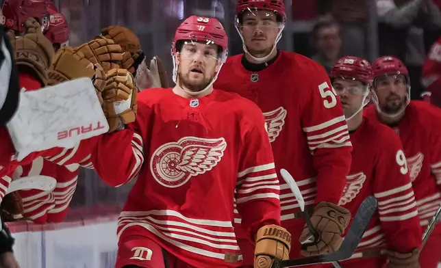 Detroit Red Wings left wing Viktor Arvidsson (33) celebrates his goal against the Chicago Blackhawks in the second period of an NHL hockey game Thursday, Oct. 29, 2026, in Detroit. (AP Photo/Paul Sancya)