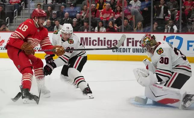 Chicago Blackhawks goaltender Spencer Knight (30) stops a Detroit Red Wings center Andrew Copp (18) shot as Ian Cole (28) defends in the first period of an NHL hockey game Thursday, Oct. 29, 2026, in Detroit. (AP Photo/Paul Sancya)