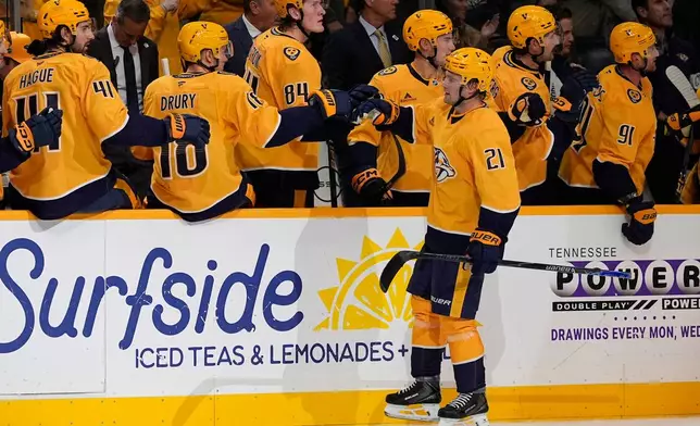 Nashville Predators left wing Nils Hoglander (21) celebrates his goal with teammates during the first period of an NHL hockey game against the Dallas Stars, Saturday, Oct. 3, 2026, in Nashville, Tenn. (AP Photo/George Walker IV)