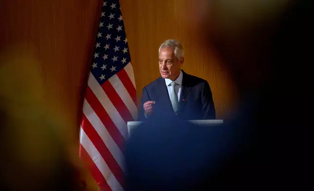 FILE - Rahm Emanuel, a potential Democratic presidential candidate and longtime defender of Israel, speaks at Tel Aviv University, Israel, July 8, 2026. (AP Photo/Ariel Schalit, File)