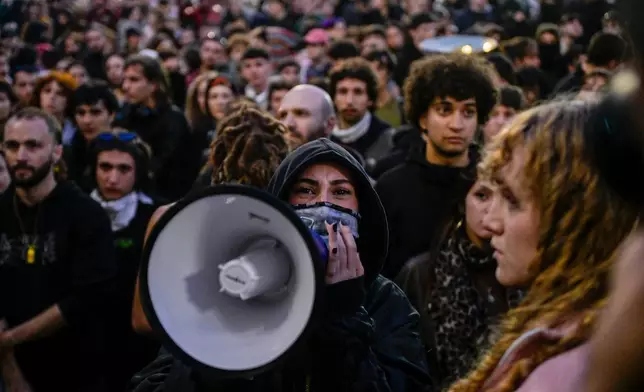A march passes in front of the Ministry of Education at Piazza dell'Emporio. Friday, Oct. 30, 2026. (Photo by Valentina Stefanelli /LaPresse via AP)