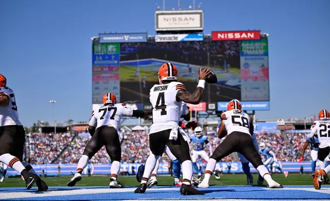 Cleveland Browns quarterback Deshaun Watson (4) looks to pass out of the end zone during the first half of an NFL football game against the Tennessee Titans in Nashville, Tenn., Sunday, Oct. 25, 2026. (AP Photo/John Amis)