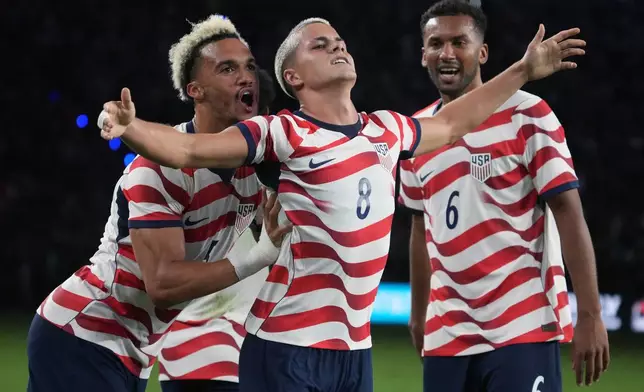 U.S. forward Cavan Suulivan celebrates after scoring against Mexico in the second half of an international friendly soccer match in Glendale, Ariz., Saturday, Oct. 3, 2026. (AP Photo/Rick Scuteri)