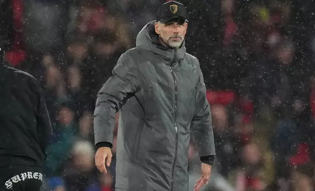 Bournemouth's head coach Marco Rose looks on at the end of the Europa League soccer match between Bournemouth and AC Milan in Bournemouth, England, Thursday, Oct. 22, 2026. (AP Photo/Alastair Grant)