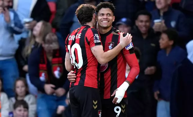 Bournemouth's Evanilson, right, celebrates scoring their side's second goal of the game during the Premier League match between Bournemouth and Sunderland, in Bournemouth, England Sunday Oct. 18, 2026. (Andrew Matthews/Press Association via AP Images)