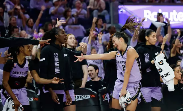 Golden State Valkyries guard Kaitlyn Chen (2) and teammates celebrate after a 3-point basket made by Veronica Burton during the first half against the Atlanta Dream in Game 1 of the WNBA basketball finals, Saturday, Oct. 17, 2026, in San Francisco. (Stephen Lam/San Francisco Chronicle via AP)