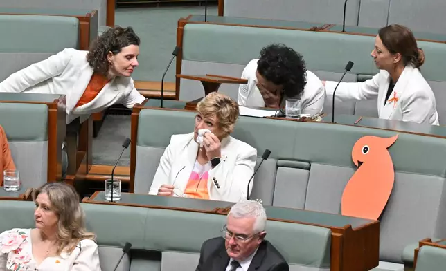 Independent members of parliament react during a tribute to colleague Helen Haines, who was critically injured on Oct. 19 by a driver who struck her with a vehicle, at Parliament House in Canberra, Australia, Monday, Oct. 26, 2026. (Mick Tsikas/AAP Image via AP)