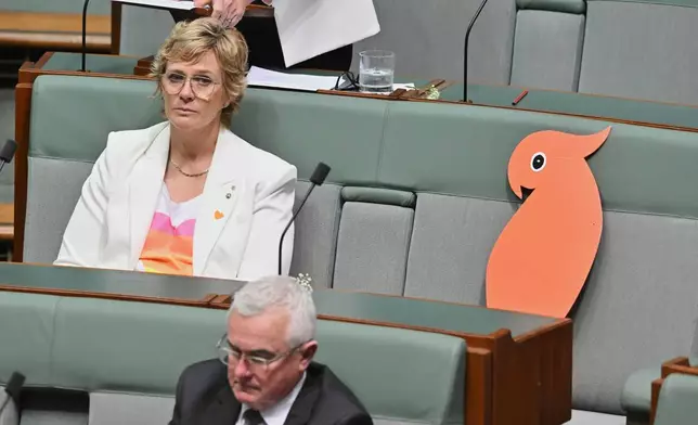 Independent member of parliament Zali Steggall sits next to a cutout cockatoo during a tribute to colleague Helen Haines, who was critically injured on Oct. 19 by a driver who struck her with a vehicle, at Parliament House in Canberra, Australia, Monday, Oct. 26, 2026. (Mick Tsikas/AAP Image via AP)