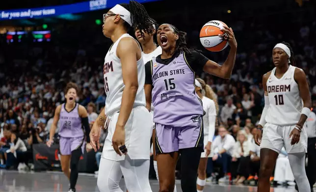 Golden State Valkyries guard Tiffany Hayes (15) reacts after scoring against the Atlanta Dream during the second half in Game 4 of the WNBA basketball finals against the Atlanta Dream, Saturday, Oct. 24, 2026, in Atlanta. (Carlos Avila Gonzalez/San Francisco Chronicle via AP)