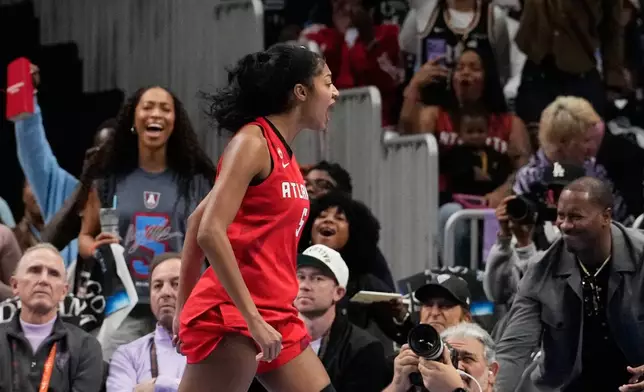 Atlanta Dream's Angel Reese reacts during the first half of Game 6 of the WNBA basketball finals against the Golden State Valkyries on Thursday, Oct. 29, 2026, in Atlanta. (AP Photo/Brynn Anderson)