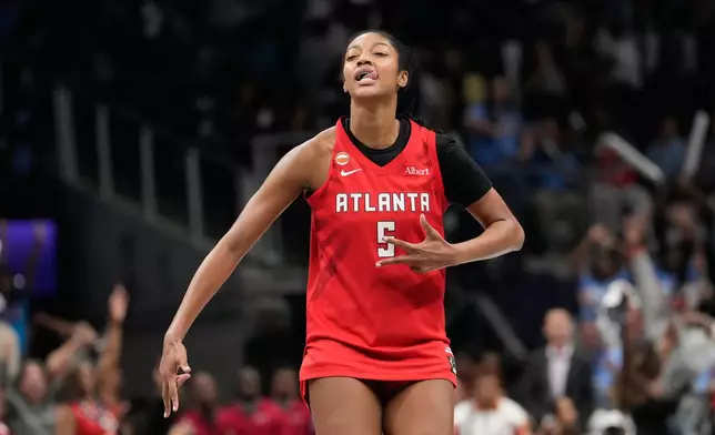 Atlanta Dream's Angel Reese reacts during the second half of Game 6 of the WNBA basketball finals against the Golden State Valkyries on Thursday, Oct. 29, 2026, in Atlanta. (AP Photo/Brynn Anderson)