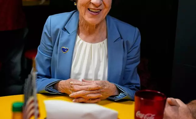 Sen. Susan Collins speaks to diners at a campaign stop Wednesday, Oct. 21, 2026, in Lewiston, Maine. (AP Photo/Robert F. Bukaty)