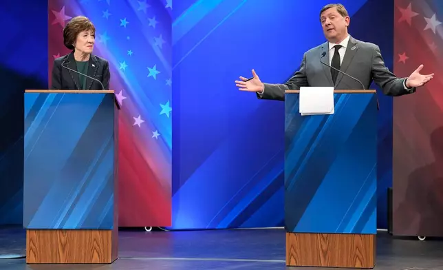 Sen. Susan Collins (R) looks to Troy Jackson (D) as he answers a question during the final Maine U.S. Senate debate in Bangor, Maine, Thursday, Oct. 15, 2026. (Gregory A. Rec/Portland Press Herald via AP, Pool)