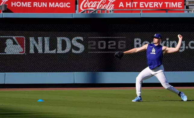 Los Angeles Dodgers pitcher Tarik Skubal throws during practice ahead of a baseball NL Division Series Thursday, Oct. 1, 2026, in Los Angeles. (AP Photo/Mark J. Terrill)