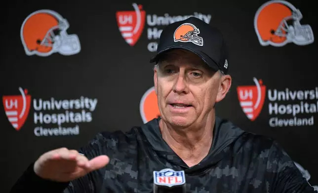 Cleveland Browns head coach Todd Monken talks to journalists at the end an NFL football game against the Tennessee Titans in Nashville, Tenn., Sunday, Oct. 25, 2026. (AP Photo/John Amis)