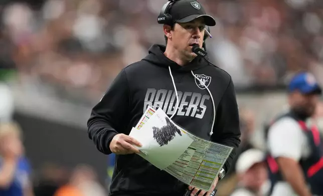 Las Vegas Raiders head coach Klint Kubiak watches during the second half of an NFL football game against the Kansas City Chiefs in Las Vegas, Sunday, Oct. 4, 2026. (AP Photo/Rick Scuteri)