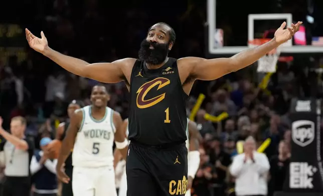 Cleveland Cavaliers guard James Harden (1) gestures in overtime of an NBA basketball game against the Minnesota Timberwolves, Monday, Oct. 26, 2026, in Cleveland. (AP Photo/Sue Ogrocki.