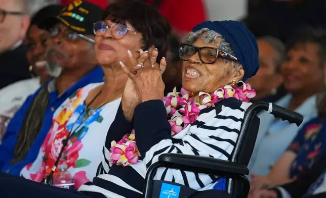 Opal Lee looks on as a speaker talks during an event honoring her 100th birthday on Wednesday, Oct. 7, 2026, in Fort Worth, Texas. (AP Photo/Julio Cortez)