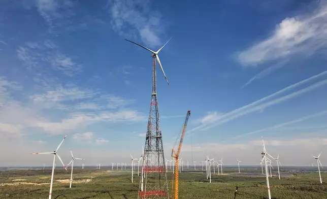 A newly constructed wind turbine, whose rotor tips reach a maximum height of 365 meters (1,198 feet), stands in Schipkau, Germany, Thursday, Oct. 1, 2026. (AP Photo/Markus Schreiber)