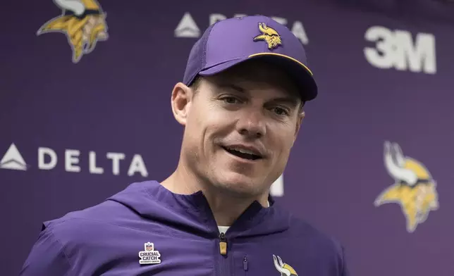 Minnesota Vikings head coach Kevin O'Connell speaks at a news conference after an NFL football game against the New Orleans Saints in New Orleans, Sunday, Oct. 11, 2026. (AP Photo/Matthew Hinton)