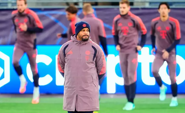 FILE - Bayern Munich's head coach Vincent Kompany, front, attends a training session in Stavanger, Norway, Monday, Oct. 12, 2026, ahead of the Champions League soccer match between Viking Stavanger and FC Bayern Munich. (Lise Aserud/NTB Scanpix via AP, File)