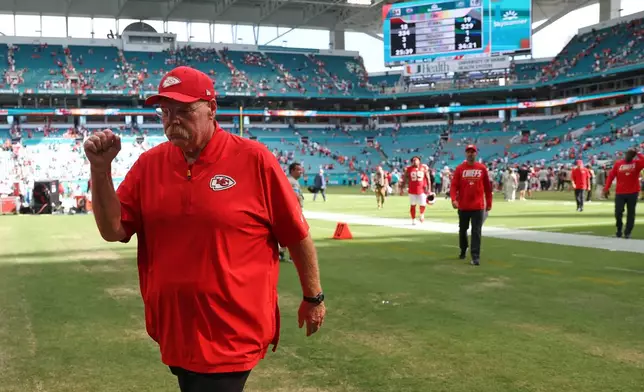 Kansas City Chiefs head coach Andy Reid walks off the field after an NFL football game against the Miami Dolphins, Sunday, Sept. 27, 2026, in Miami Gardens. (AP Photo/David Santiago)