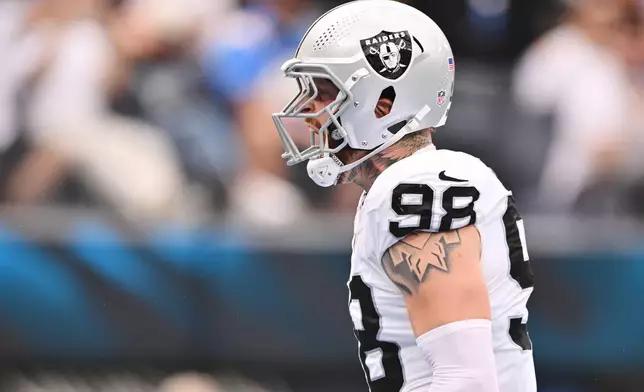 Las Vegas Raiders defensive end Maxx Crosby reacts after a defensive stop during the first half an NFL football game against the Los Angeles Chargers in Inglewood, Calif., Sunday, Sept. 20, 2026. (AP Photo/Katie Chin)