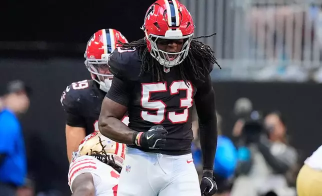Atlanta Falcons linebacker Kendal Daniels celebrates a defensive stop during the first half of an NFL football game against the San Francisco 49ers in Atlanta, Sunday, Oct. 25, 2026. (AP Photo/Mike Stewart)