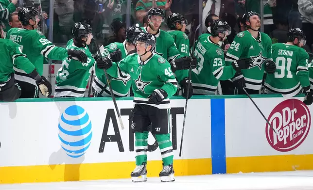 Dallas Stars center Justin Hryckowian skates by his bench after scoring a goal against the New Jersey Devils during the second period of an NHL hockey game Tuesday, Oct. 27, 2026, in Dallas. (AP Photo/Julio Cortez)