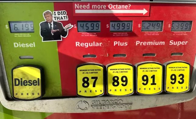 FILE - A sticker placed by an unidentified person depicting President Donald Trump and reading "I DID THAT!" is affixed beside gasoline and diesel prices at a gas station in Newtown, Pa., Sept. 9, 2026. (AP Photo/Ted Shaffrey, file)