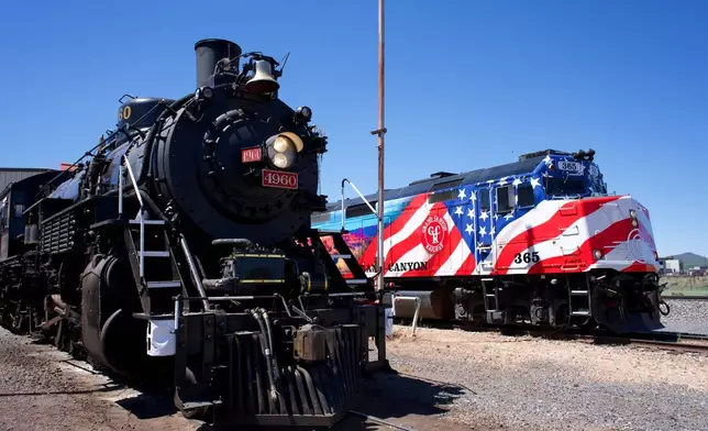 The Grand Canyon Railway & Hotel celebrated America's 250th with the A250, pictured here (right) next to a historic steam train (left). 2026 is also the 125th anniversary of the railway and the 150th anniversary of the Fred Harvey Company. Photo courtesy of Xanterra Travel Collection.