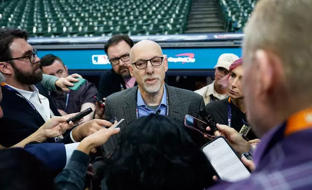 Bruce Meyer, interim executive director of the Major League Baseball Players Association speaks on the field before Game 1 of baseball's World Series, Friday, Oct. 23, 2026, in Milwaukee, between the Milwaukee Brewers and the Tampa Bay Rays. (AP Photo/Kayla Wolf)