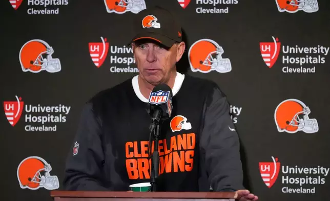 Cleveland Browns head coach Todd Monken speaks during a news conference after an NFL football game against the New York Jets, Sunday, Oct. 11, 2026, in East Rutherford, N.J. (AP Photo/Yuki Iwamura)