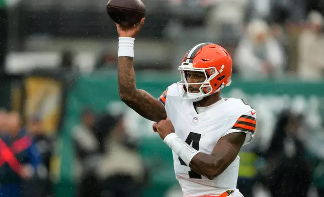 Cleveland Browns quarterback Deshaun Watson throws a pass during the first half of an NFL football game against the New York Jets, Sunday, Oct. 11, 2026, in East Rutherford, N.J. (AP Photo/Yuki Iwamura)