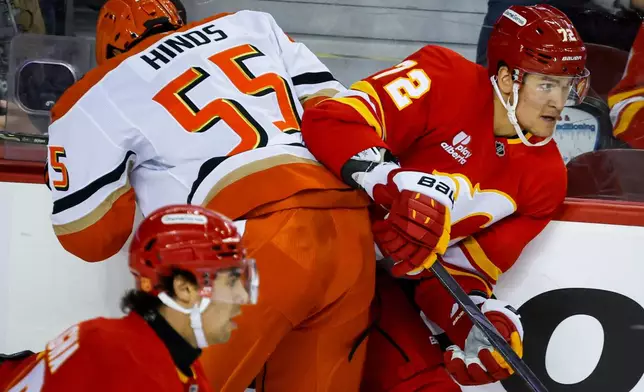 Anaheim Ducks' Tyson Hinds, left, checks Calgary Flames' Maksim Tsyplakov during the third period of an NHL hockey game in Calgary, Alberta, Alberta, Saturday, Oct. 10, 2026. (Jeff McIntosh/The Canadian Press via AP)