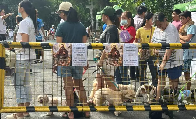 In this photo taken with a smartphone, pet owners arrive for the feast day of St. Francis of Assisi, the patron saint of animals and ecology, at the Malate Church in Manila, Philippines, Sunday, October. 4, 2026. (AP Photo/Joeal Calupitan)