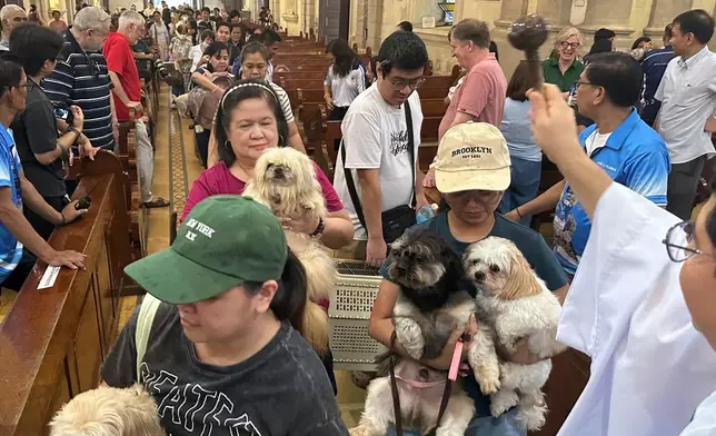 In this photo taken with a smartphone, pet owners stand in a queue to receive holy water sprinkled by a priest on pet dogs and cats during an animal blessing rites at the Malate Church in Manila, Philippines, Sunday, October. 4, 2026. (AP Photo/Joeal Calupitan)
