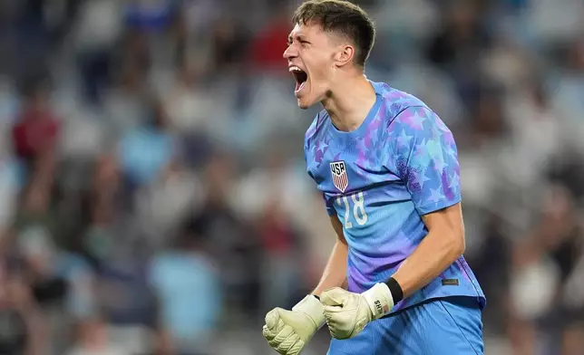 United States goalkeeper Brian Schwake (28) celebrates after defeating Canada during an international friendly soccer match Tuesday, Oct. 6, 2026, in St. Paul, Minn. (AP Photo/Abbie Parr)